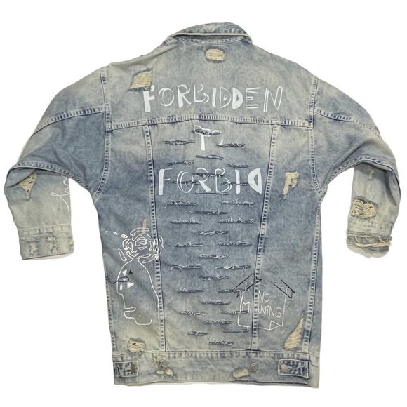 ZARA TRAFALUC DENIM Destroyed Graffiti Long Jean Jacket Women Small 90s Grunge - Picture 2 of 16